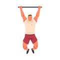 Crossfit Workout with Man Hanging on Horizontal Bar Doing Physical Exercise Vector Illustration