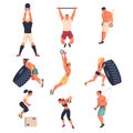 Crossfit Workout with Man and Woman Doing Physical Exercise Engaged in Competitive Fitness Sport Vector Set Royalty Free Stock Photo