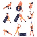 Crossfit Workout with Man and Woman Doing Physical Exercise Engaged in Competitive Fitness Sport Vector Set