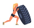 Crossfit Workout with Muscled Woman Tyre Flipping Doing Physical Exercise Vector Illustration