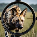 In the Crosshair - Critically Endangered Mammals Ã¢â¬â African Wild Dog, created with Generative AI technology