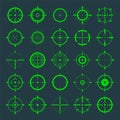 Crosshair, gun sight vector icons. Bullseye, green target or aim symbol. Military rifle scope, shooting mark sign Royalty Free Stock Photo