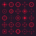 Crosshair, gun sight vector icons. Bullseye, red target or aim symbol. Military rifle scope, shooting mark sign Royalty Free Stock Photo