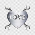 Crosshairs of realistic hand wrench or spanner and metal heart with caption love, isolated on transparent background. Chrome metal