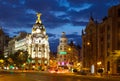 Crossing Calle de Alcala and Gran Via in night. Madrid Royalty Free Stock Photo