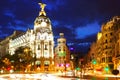 Crossing Calle de Alcala and Gran Via in night . Madrid, Spain Royalty Free Stock Photo