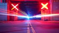 The crossing guard gates up creating a vibrant tunnel of light as a train races by Royalty Free Stock Photo
