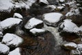 crossing a mountain stream river with large granite stones with a pram on Royalty Free Stock Photo