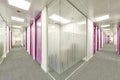 Crossing of office corridors with glass cubicles and gray carpeted floors Royalty Free Stock Photo