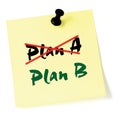 Crossing out Plan A, writing Plan B, Yellow Post-It Style Sticky Note Macro Closeup, Large Detailed Thumbtacked Sticker Adhesive Royalty Free Stock Photo