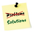 Crossing out problems, writing solutions sticky note, yellow isolated sticker, green text, black thumbtack pushpin problem solving Royalty Free Stock Photo