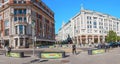 Crossing the pedestrian and carriageway in the center of Moscow with beautiful architecture