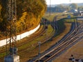 Crossing of railway tracks with semaphores in the city Royalty Free Stock Photo