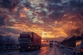Crossing the sky border in the evening with trucks waiting for customs clearance Royalty Free Stock Photo