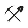 The crossing spade pickax icon. Pickax and excavation, digging, mining symbol. Flat