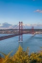 Crossing The Tagus River. Amazing Image of Lisbon Cityscape Along with 25th April Bridge Ponte 25 de Abril. Taken from Almada Royalty Free Stock Photo