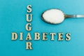 Crossing the words `sugar` and `diabetes`, a spoon with sugar on a blue background, concept