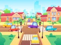 Crossroad with cars. City suburb traffic jam, street crosswalk with traffic lights and road intersection cartoon vector Royalty Free Stock Photo