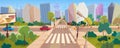 Crossroad and cityscape at big modern city cartoon panorama vector illustration concept