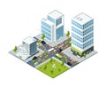 Crossroad jam traffic. Isometric urban transport active movement in jammed city vector 3d buildings busses and cars