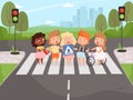 Crossroad rulles. Children learning safety road traffic lights on street and signboards vector background
