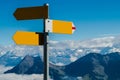 Crossroad signpost in blank concept available, confusion or decisions, in swiss alps