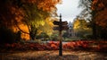 Crossroad signpost way, wooden arrow direction road signs in autumn park road