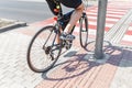 cyclist crosses the zebra road, the concept of bicycle safety