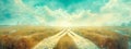 Crossroads in golden field under cloudy sky Royalty Free Stock Photo