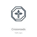 Crossroads icon. Thin linear crossroads outline icon isolated on white background from traffic signs collection. Line vector sign Royalty Free Stock Photo