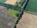 Crossroads of two roads among farm fields, aerial view. Agrarian landscape, bird`s-eye view