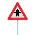 Crossroads Warning Main Road Sign With Pole Post, isolated Royalty Free Stock Photo