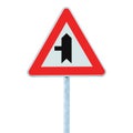 Crossroads Warning Main Road Sign With Pole Post, Left, isolated vertical closeup