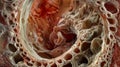 A crosssection of a cats stomach revealing the presence of a large writhing tapeworm inside. .