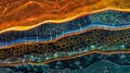A crosssection view of a layered solar cell with the top layer consisting of a network of nanomaterials arranged in a