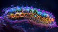 A crosssectional view of a ciliate with its intricate internal structures and organelles lit up in fluorescent colors