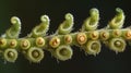 A crosssectional view of a fern stem with coneshaped structures bursting with spores visible throughout. .