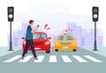 Crosswalk accident. Pedestrian with smartphone and headphones crossing road on red traffic lights, road safety vector illustration Royalty Free Stock Photo