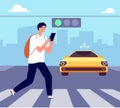 Crosswalk accident. Pedestrian walk crossing street, traffic danger. Man with smartphone violates road rules. Attention Royalty Free Stock Photo