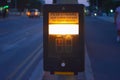 Crosswalk button for pedestrian in evening. Push this button to cross