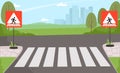Crosswalk sign at street. Stop signs for cars, place for people walk road. Traffic, drive rules vector illustration