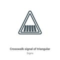 Crosswalk signal of triangular outline vector icon. Thin line black crosswalk signal of triangular icon, flat vector simple