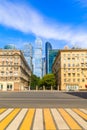 Crosswalk and street view of Kutuzov Avenue and business complex Moscow City