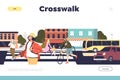 Crosswalk walking concept of landing page with people crossing road on zebra Royalty Free Stock Photo