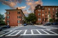 Crosswalks and historic buildings on Bunker Hill, in Charlestown, Boston, Massachusetts.