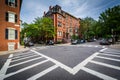 Crosswalks and historic buildings on Bunker Hill, in Charlestown, Boston, Massachusetts.