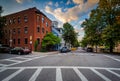Crosswalks and historic buildings on Bunker Hill, in Charlestown, Boston, Massachusetts.