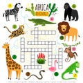 Crossword africa animals. Kids zoo african crossword for school children, words searching game