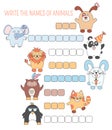 Crossword animals, education game with words for children