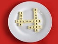 Crossword game on dish on table red mat with words sugar , calories, diabetes and diet taking in sugar abuse health risk